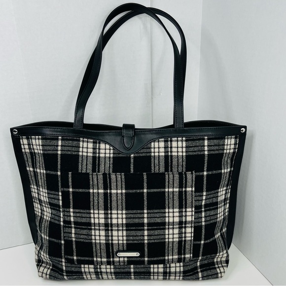 Rebecca Minkoff Megan Tote Wool Flannel Black White Plaid - Picture 2 of 11